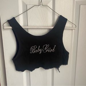 Black cropped tank top vest with diamante ‘Baby Girl’ and asymmetric hem